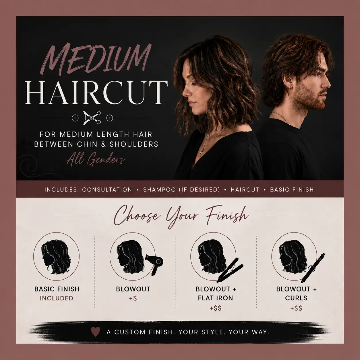 Medium Length hair cut (chin to shoulder)
